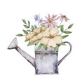 Watercolor garden iron watering can with flowers