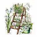 Blooming Beauty: A Watercolor Garden Ladder Filled with Spring Flowers