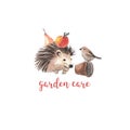 Watercolor Garden Logo. Hedgehog, Apple, Flower Pot And A Bird. Watercolor Illustration