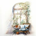 Watercolor garden oasis balcony terrace with outdoor furniture and grape vine on big window