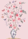 Watercolor garden rose bouquet, blooming tree, Chinese blue vase illustration