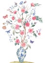 Watercolor garden rose bouquet, blooming tree, Chinese blue vase illustration