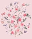 Watercolor garden rose bouquet, blooming tree, Chinoiserie illustration