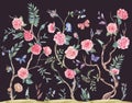 Watercolor garden rose bouquet, blooming tree, Chinoiserie illustration