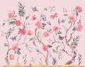 Watercolor garden rose bouquet, blooming tree, Chinoiserie illustration