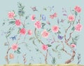 Watercolor garden rose bouquet, blooming tree, Chinoiserie illustration