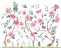 Watercolor garden rose bouquet, blooming tree, Chinoiserie illustration