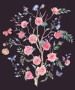 Watercolor garden rose bouquet, blooming tree, Chinoiserie illustration