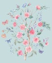 Watercolor garden rose bouquet, blooming tree, Chinoiserie illustration