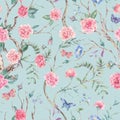 Watercolor garden rose bouquet, blooming tree seamless pattern, Chinoiserie floral texture Royalty Free Stock Photo