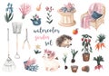 Watercolor garden set. Garden tools, flowers, vegetables, table and chair, hedgehog, rabbit, flower pots, gloves