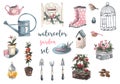 Watercolor garden set. Garden tools, watering cans, flowers, rubber boots, hat, cage, birds, vegetables Royalty Free Stock Photo