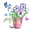 Watercolor Garden Spring bouquet in flower pots