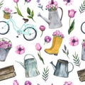 Watercolor garden supplies seamless pattern. Watering can with pink flowers for tour design
