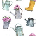 Watercolor garden supplies seamless pattern. Watering can with pink flowers for your design