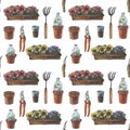 Watercolor garden tools, gardening, garden equipment seamless pattern on white background.