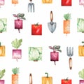 Watercolor garden tools and organic vegetables seamless pattern. Hand drawn background with garden shovel, rake,cabbage,beet,