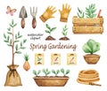 Garden tools clipart watercolor, gardening time set, plants in pots, seedling, farm equipments, spring garden illustration