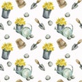 Watercolor garden tools and spring yellow flowers seamless pattern on white. Narcissus in metal bucket vintage watering can with Royalty Free Stock Photo