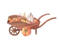 Watercolor garden wheelbarrow with pumpkins, leaves. Autumn harvest. W