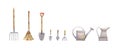 Watercolor gardening instruments collection. Shovel, pitchfork, broom, flower scoop, mini forks for flowers, scoop for weeding