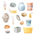 Watercolor gardening tools and equipments set