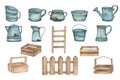 Watercolor Gardening tools Rusty Bucket, watering can, pot and wooden box