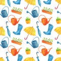 Watercolor gardening tools seamless pattern. Hand drawn cute watering can, rubber boots, umbrella, plant seedlings in