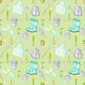 Watercolor gardening tools seamless pattern. Hand drawn garden elements background. Spring illustration. Rain boots Royalty Free Stock Photo