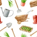 Watercolor gardening tools seamless pattern. Hand drawn watering can, rake, wooden cask and crate, shovel, garden bed, seedling in