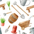 Watercolor gardening tools seamless pattern. Hand drawn watering can, rake, wooden cask and wheelbarrow, shovel, seedling in Royalty Free Stock Photo
