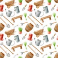 Watercolor gardening tools seamless pattern. Hand drawn watering can, rake, wooden cask and wheelbarrow, shovel, seedling in Royalty Free Stock Photo