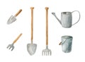 Watercolor gardening tools set. Hand drawn metal watering can, rake, bucket, shovel and trowel isolated on white. Spring