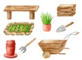 Watercolor Gardening Tools Set. Hand Drawn Wooden Box, Shovel, Garden Bed, Seedling In Flower Pot, Bench And Wheelbarrow