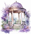 Watercolor gazebo in the park with purple flowers