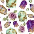 Watercolor gem stones and rose flower pattern. Jade turquoise, amethyst and rauchtopaz stones, vintage roses with leaves Royalty Free Stock Photo