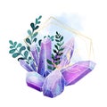 Watercolor gems, crystals and leaves, hand drawn watercolor composition