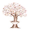 Watercolor Genealogical blossom cherry Family tree. Watercolor children's tree botanical season isolated illustration Royalty Free Stock Photo