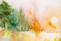 Watercolor gentle colorful landscape .Mountains, trees, sky