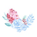Watercolor gentle light-blue composition of flowers hand drawn on white background