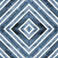 Watercolor geometric rhombus squares seamless pattern. Indigo blue stripes on white background Royalty Free Stock Photo