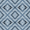 Watercolor geometric rhombus squares seamless pattern. Indigo blue stripes on white background Royalty Free Stock Photo