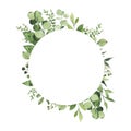 Watercolor geometrical round frame with greenery leaves branch twig plant herb flora isolated