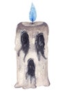 Watercolor ghost magic candle isolated on white on white background. For halloween decor, products, postcard or poster.