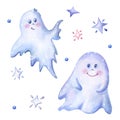 Watercolor ghosts and stars. Halloween set. izolated on white background.