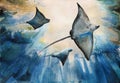 Watercolor of giant stingrays dive into the water. Original blue illustration of common eagle ray and two stingrays in differetn Royalty Free Stock Photo