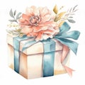 Watercolor gift box with flowers and ribbon