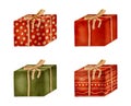 Watercolor gift boxes set. Hand drawn green and red boxes with golden ribbon bows isolated on white. Birthday decor, Christmas Royalty Free Stock Photo