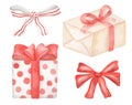 Watercolor gift boxes set. Hand painted boxes wrapped in white dotted and craft paper with red ribbon bows isolated on Royalty Free Stock Photo