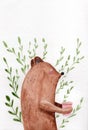 Watercolor gift card of a bear with a pink cup and green plants